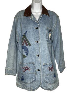 Vintage 80s Sunbelt Denim Chore Coat Jacket Size S Southwestern Hand Painted